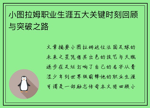 小图拉姆职业生涯五大关键时刻回顾与突破之路