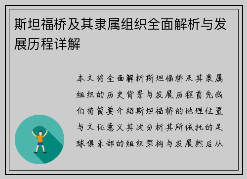 斯坦福桥及其隶属组织全面解析与发展历程详解